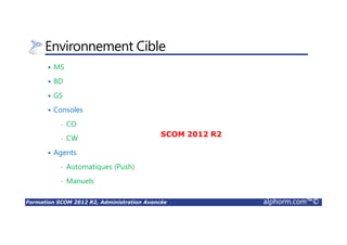 Formation SCOM 2012 R2, Administration Avancée alphorm.com™©
Environnement Cible
MS
BD
GS
Consoles
• CO
• CW
Agents
• Automatiques (Push)
• Manuels
SCOM 2012 R2
 