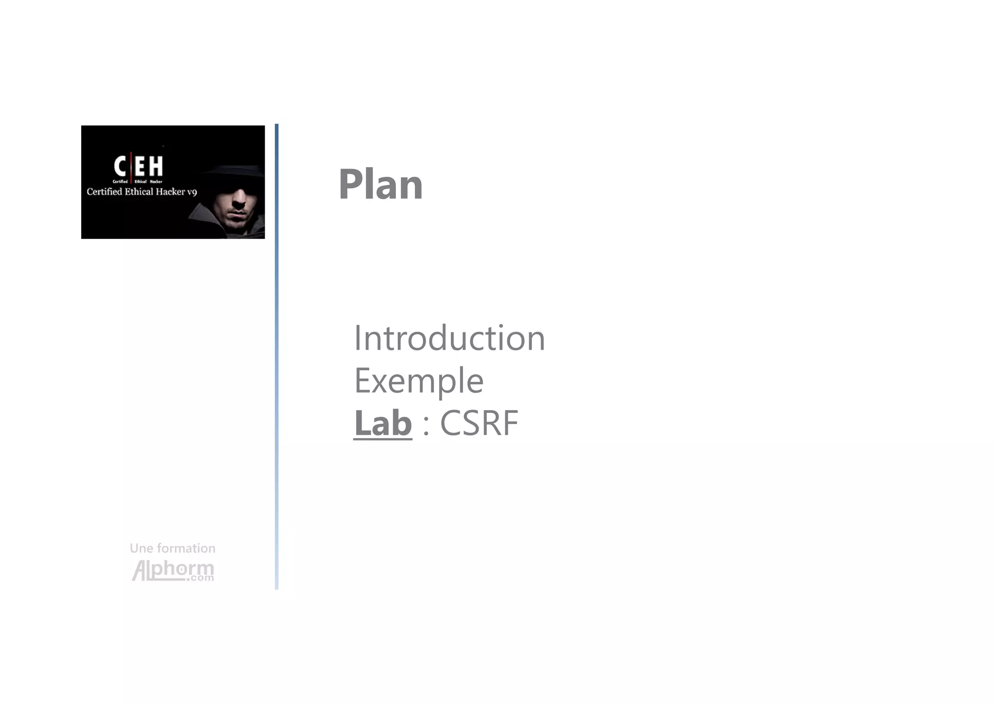 Une formation
Introduction
Exemple
Lab : CSRF
Plan
 