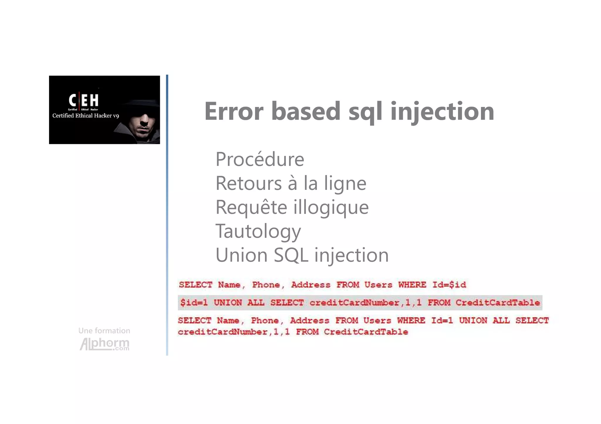 Une formation
Error based sql injection
Procédure
Retours à la ligne
Requête illogique
Tautology
Union SQL injection
 