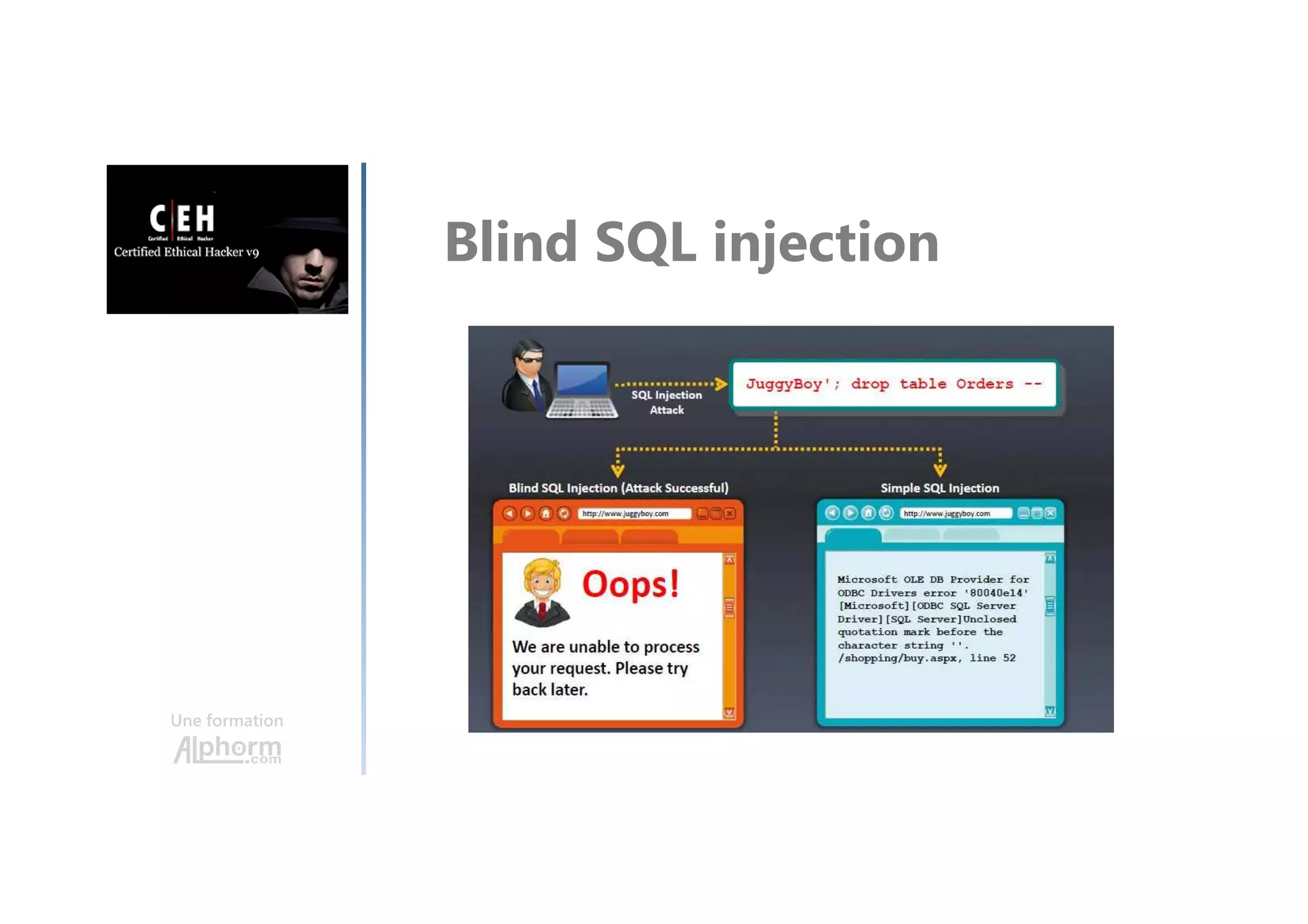 Une formation
Blind SQL injection
Pas de messages d’erreurs
Page générique
Time intensive
 