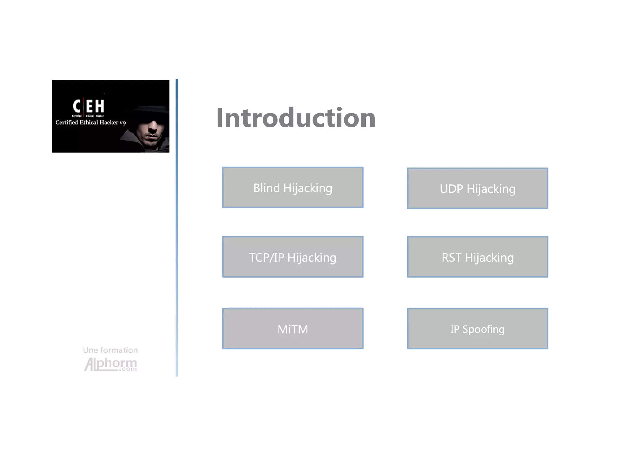 Une formation
Introduction
Blind Hijacking
TCP/IP Hijacking
UDP Hijacking
RST Hijacking
MiTM IP Spoofing
 