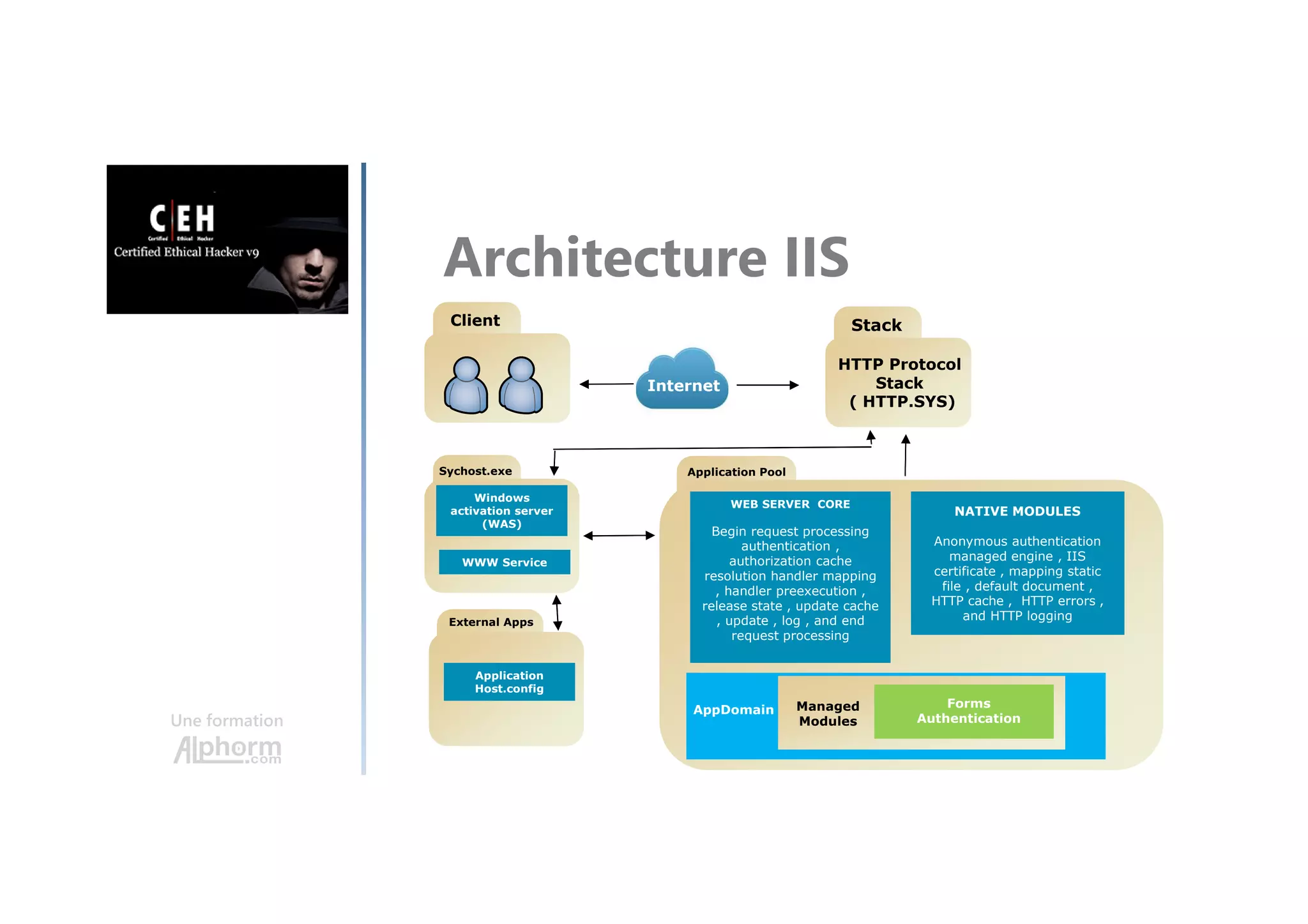 Une formation
Architecture IIS
Client
Internet
Stack
HTTP Protocol
Stack
( HTTP.SYS)
Windows
activation server
(WAS)
WWW Service
Sychost.exe
WEB SERVER CORE
Begin request processing
authentication ,
authorization cache
resolution handler mapping
, handler preexecution ,
release state , update cache
, update , log , and end
request processing
Application Pool
NATIVE MODULES
Anonymous authentication
managed engine , IIS
certificate , mapping static
file , default document ,
HTTP cache , HTTP errors ,
and HTTP logging
AppDomain Managed
Modules
Forms
Authentication
Application
Host.config
External Apps
 