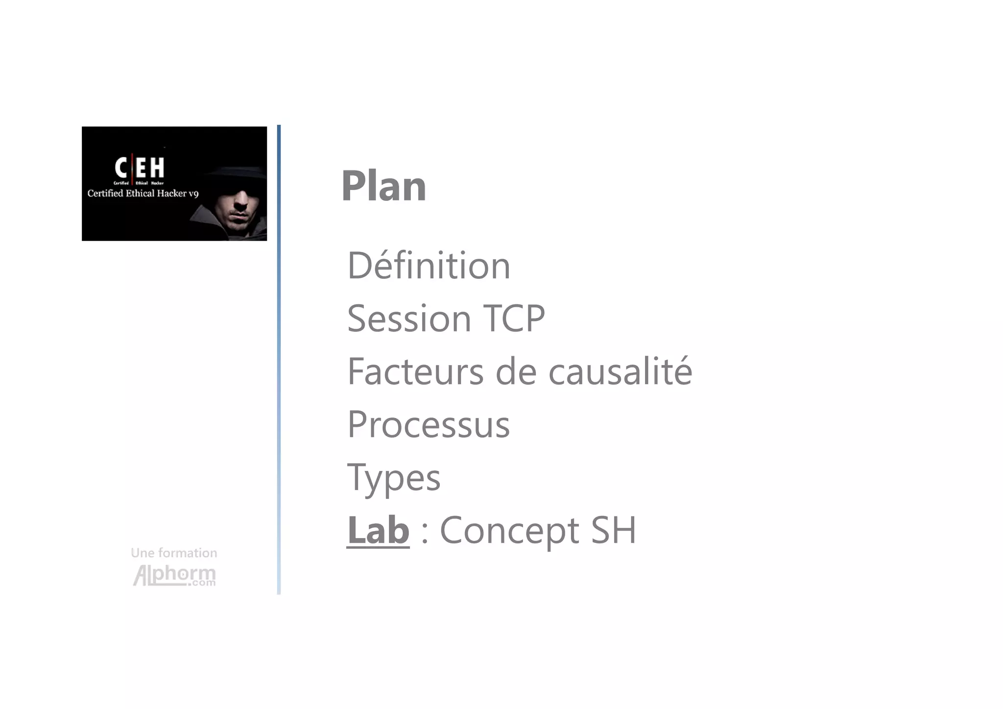Une formation
Définition
Session TCP
Facteurs de causalité
Processus
Types
Lab : Concept SH
Plan
 