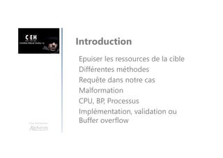Une formation
Introduction
Epuiser les ressources de la cible
Différentes méthodes
Requête dans notre cas
Malformation
CPU, BP, Processus
Implémentation, validation ou
Buffer overflow
 