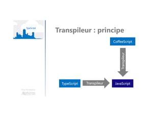 Une formation
Transpileur : principe
TypeScript Transpileur JavaScript
Transpileur
CoffeeScript
 
