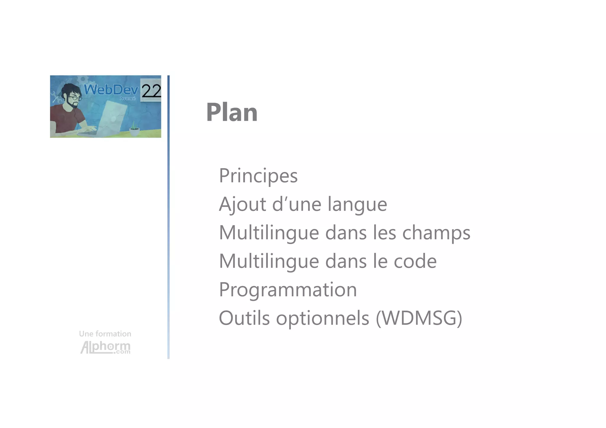 Une formation Principes Ajout d’une langue Multilingue dans les champs Multilingue dans le code Programmation Outils optionnels (WDMSG) Plan 