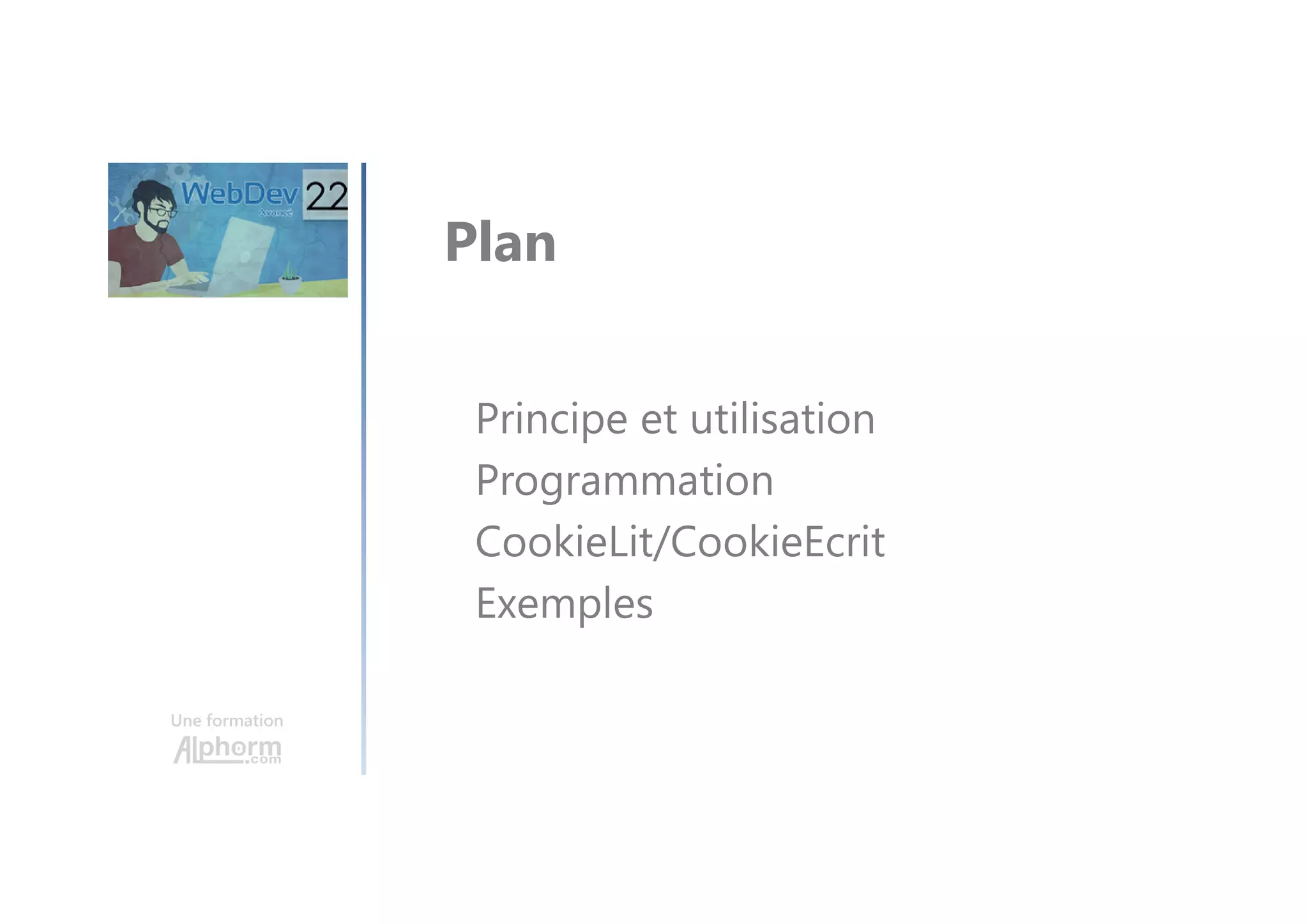 Une formation Principe et utilisation Programmation CookieLit/CookieEcrit Exemples Plan 