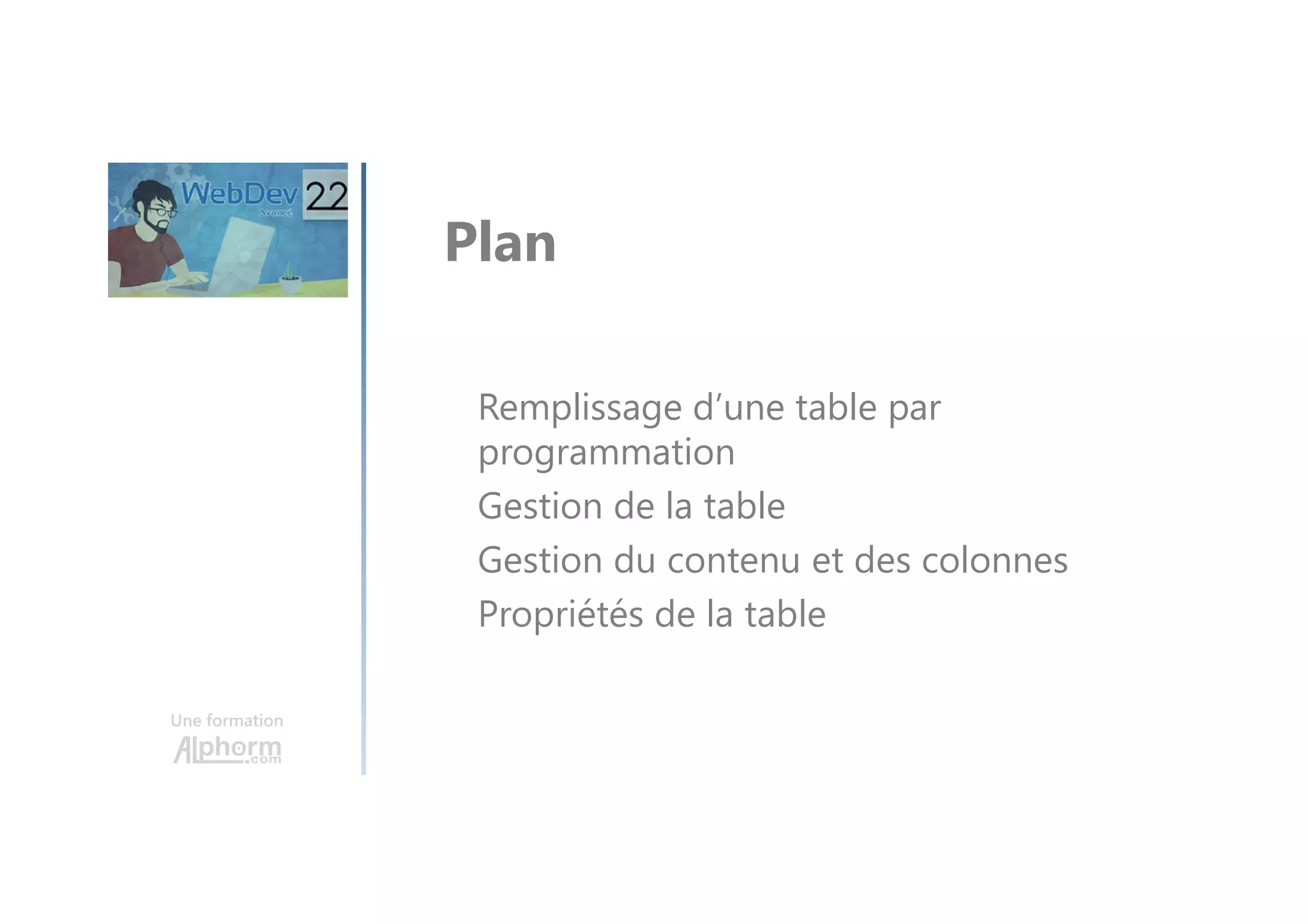 Une formation Plan Le projet Gestion d’une école La base de données Démo en live Organisation des fichiers sources 