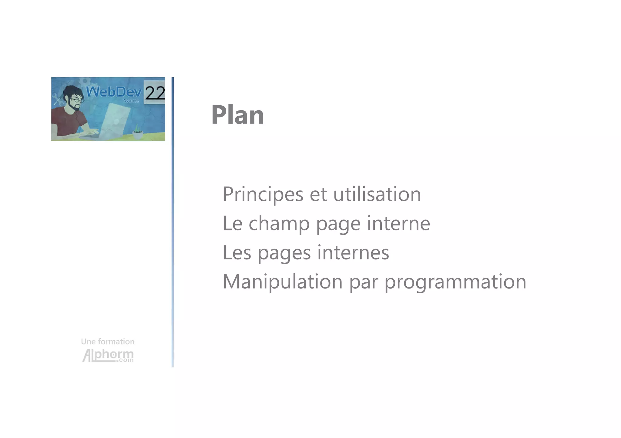 Une formation Principes et utilisation Le champ page interne Les pages internes Manipulation par programmation Plan 