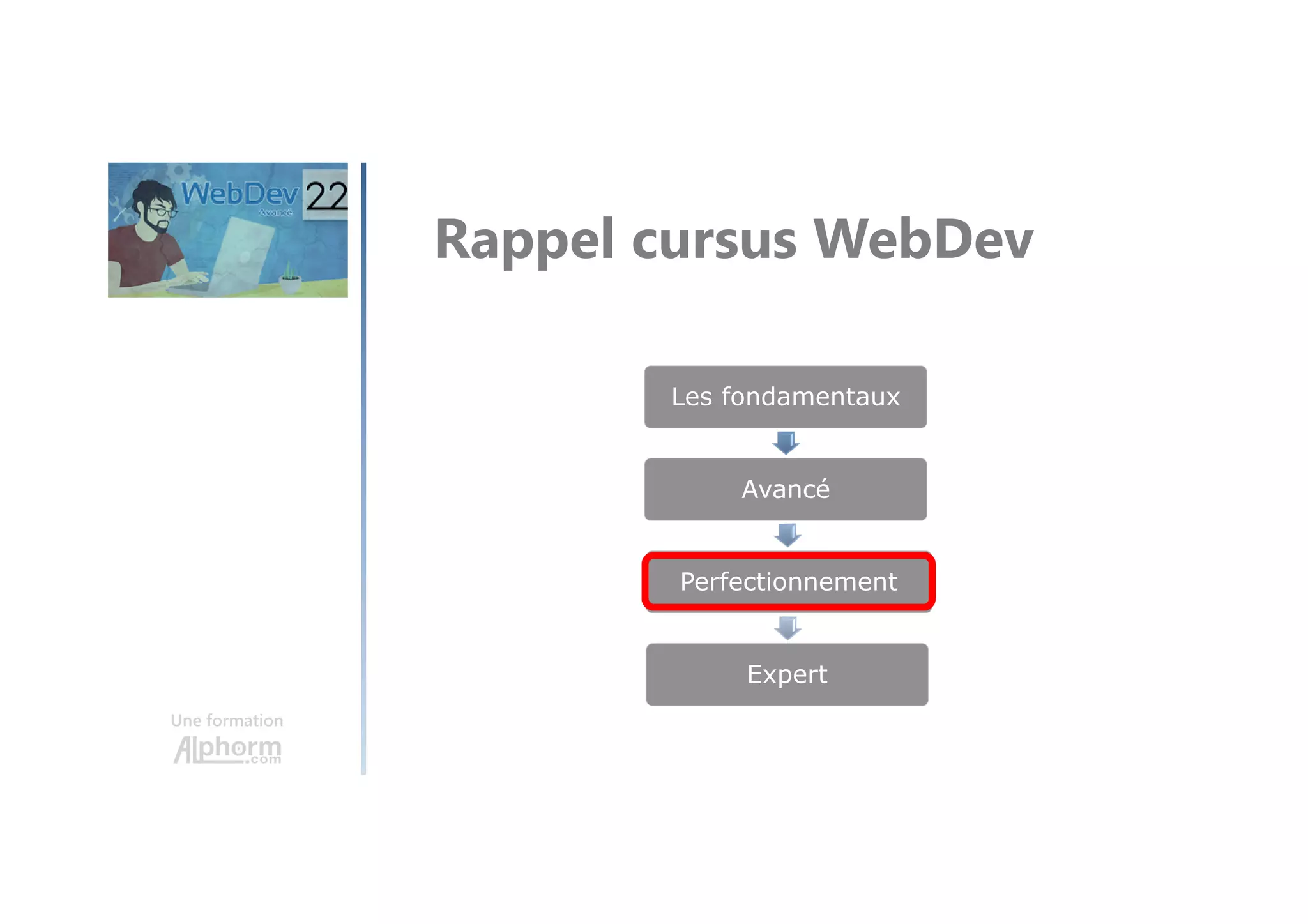 Une formation Rappel cursus WebDev Les fondamentaux Avancé Perfectionnement Expert 