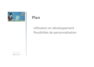 Une formation
Utilisation en développement
Possibilités de personnalisation
Plan
 