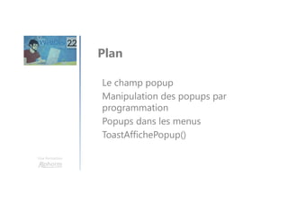 Une formation
Le champ popup
Manipulation des popups par
programmation
Popups dans les menus
ToastAffichePopup()
Plan
 