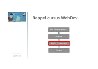 Une formation
Rappel cursus WebDev
Les fondamentaux
Avancé
Perfectionnement
Expert
 