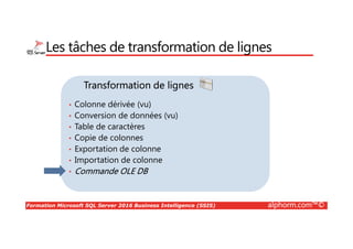 Formation Microsoft SQL Server 2016 Business Intelligence (SSIS) alphorm.com™©
Architecture de l’environnement
MSSQL01
IP: 192.168.1.101
OS: Windows Server 2012
C: (30 GB)
Rôle: serveur source OLTP
Réseau privé
MSSQL02
IP: 192.168.1.102
OS: Windows Server 2012
C: (30 GB)
Rôle: serveur ETL (SSIS+DQS)
MSSQL03
IP: 192.168.1.103
OS: Windows Server 2012
C: (30 GB)
Rôle: serveur cible DW (entrepôt)
- Moteur SQL SERVER 2016 CTP 3.2
- SSIS (SQL Server Integration Services)
- SSMS (SQL Server Management Studio)
- SSDT (SQL Server Data Tools)
- SSIS (SQL Server Integration Services)
- SSMS (SQL Server Management Studio)
- SSDT (SQL Server Data Tools)
- Moteur SQL SERVER 2016 CTP 3.2
- SSMS (SQL Server Management Studio)
Logiciels à
installer
Logiciels à
installer
gateway:
192.168.1.1
 