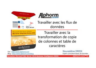 Formation Microsoft SQL Server 2016 Business Intelligence (SSIS) alphorm.com™©
Site : http://www.alphorm.com
Blog : http://www.alphorm.com/blog
Travailler avec la
transformation de copie
de colonnes et table de
caractères
Noureddine DRISSI
Expert consultant bases de données
Travailler avec les flux de
données
 