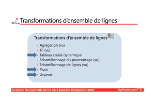 Formation Microsoft SQL Server 2016 Business Intelligence (SSIS) alphorm.com™©
Transformations d’ensemble de lignes
Transformations d’ensemble de lignes
• Agrégation (vu)
• Tri (vu)
• Tableau croisé dynamique
• Echantillonnage du pourcentage (vu)
• Echantillonnage de lignes (vu)
• Pivot
• Unpivot
 