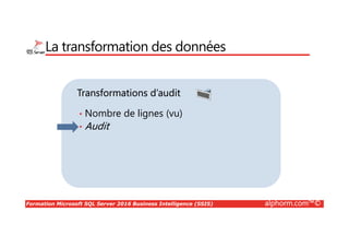 Formation Microsoft SQL Server 2016 Business Intelligence (SSIS) alphorm.com™©
Transformations d’audit
La transformation des données
• Nombre de lignes (vu)
• Audit
 