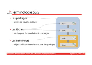 Formation Microsoft SQL Server 2016 Business Intelligence (SSIS) alphorm.com™©
Terminologie SSIS
• Les packages
• unités de travail à exécuter
• Les tâches
• se chargent du travail dans les packages
• Les conteneurs
• objets qui fournissent la structure des packages
Tâche 1
Tâche 2
Tâche 3
Tâche 4
 
