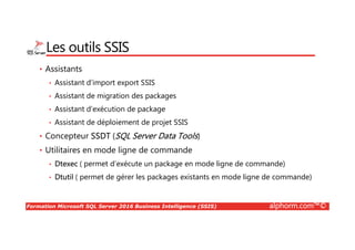 Formation Microsoft SQL Server 2016 Business Intelligence (SSIS) alphorm.com™©
A propos de ce cours
• Objectifs :
• Comprendre les principes fondamentaux de la Business
Intelligence;
• Comprendre et utiliser le composant SSIS de la suite Microsoft SQL
Server 2016;
• Mettre en œuvre les outils et fonctionnalités de la technologie
SSIS;
• Maîtriser, administrer et configurer SSIS.
 