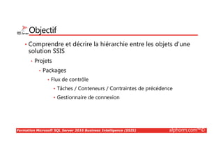 Formation Microsoft SQL Server 2016 Business Intelligence (SSIS) alphorm.com™©
Objectif
• Comprendre et décrire la hiérarchie entre les objets d’une
solution SSIS
• Projets
• Packages
• Flux de contrôle
• Tâches / Conteneurs / Contraintes de précédence
• Gestionnaire de connexion
 