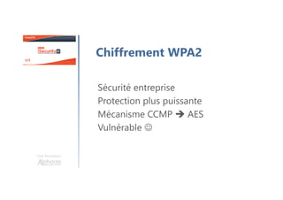 Une formation
Chiffrement WPA2
Sécurité entreprise
Protection plus puissante
Mécanisme CCMP AES
Vulnérable ☺
 