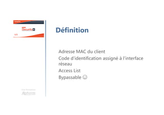 Adresse MAC du client
Code d’identification assigné à l’interface
réseau
Access List
Bypassable ☺
Une formation
Définition
 