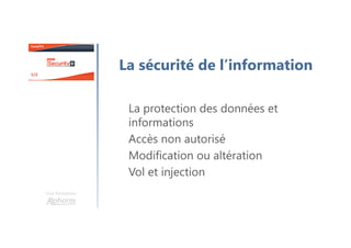 Une formation
La sécurité de l’information
La protection des données et
informations
Accès non autorisé
Modification ou altération
Vol et injection
 