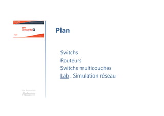 Une formation
Switchs
Routeurs
Switchs multicouches
Lab : Simulation réseau
Plan
 