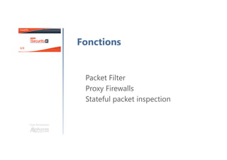Une formation
Fonctions
Packet Filter
Proxy Firewalls
Stateful packet inspection
 