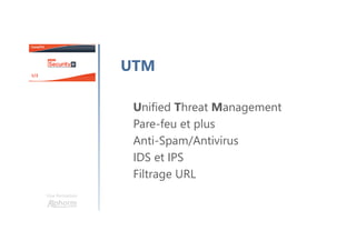 Une formation
UTM
Unified Threat Management
Pare-feu et plus
Anti-Spam/Antivirus
IDS et IPS
Filtrage URL
 