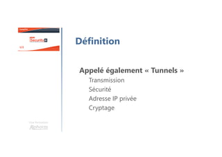 Une formation
Définition
Appelé également « Tunnels »
Transmission
Sécurité
Adresse IP privée
Cryptage
 