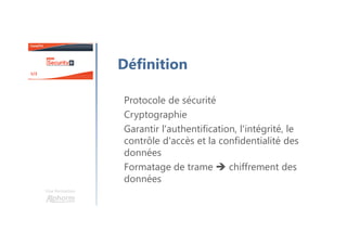 Protocole de sécurité
Cryptographie
Garantir l'authentification, l'intégrité, le
contrôle d'accès et la confidentialité des
données
Formatage de trame chiffrement des
données
Une formation
Définition
 
