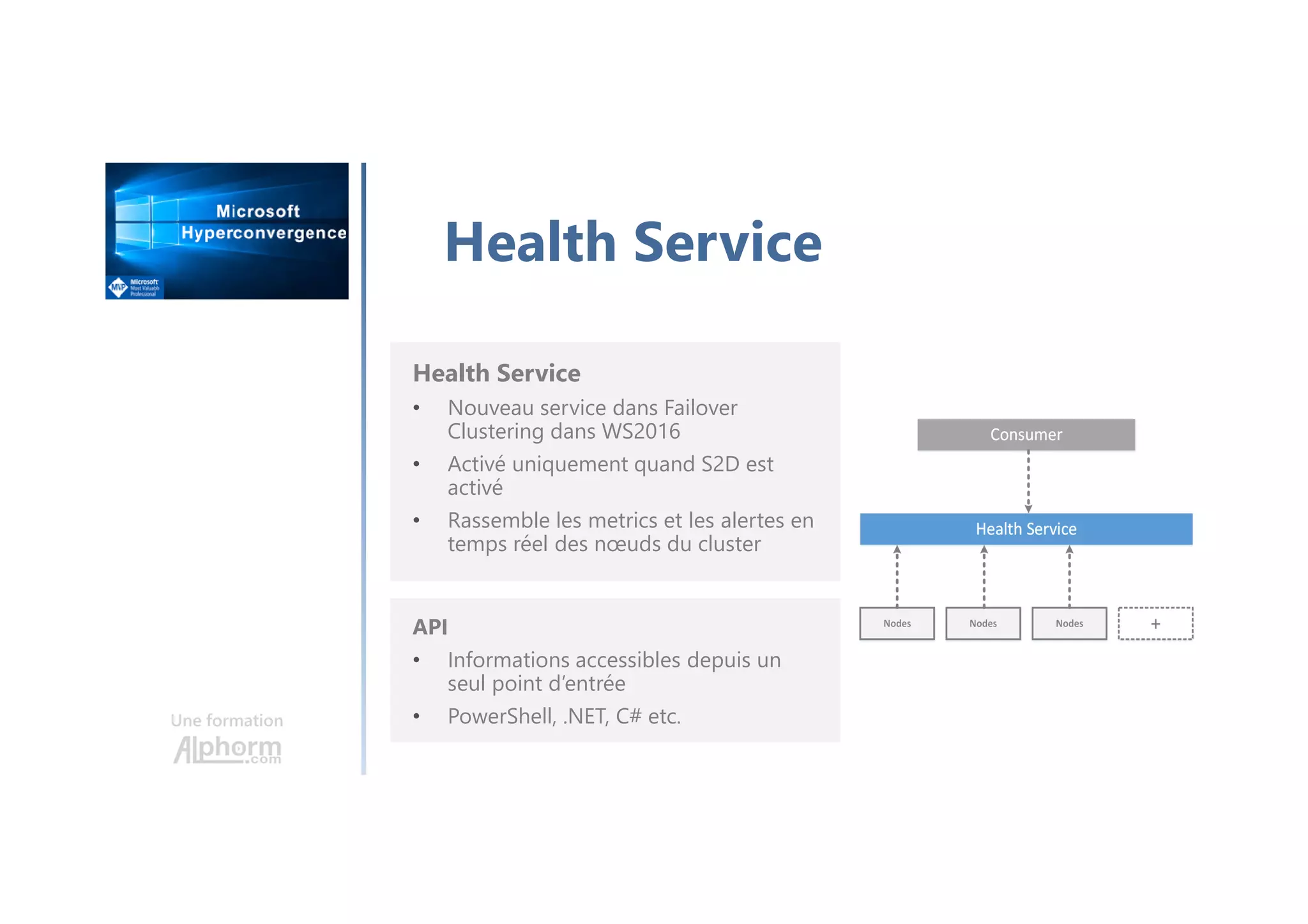 Une formation
Health Service
Health Service
• Nouveau service dans Failover
Clustering dans WS2016
• Activé uniquement quand S2D est
activé
• Rassemble les metrics et les alertes en
temps réel des nœuds du cluster
API
• Informations accessibles depuis un
seul point d’entrée
• PowerShell, .NET, C# etc.
 
