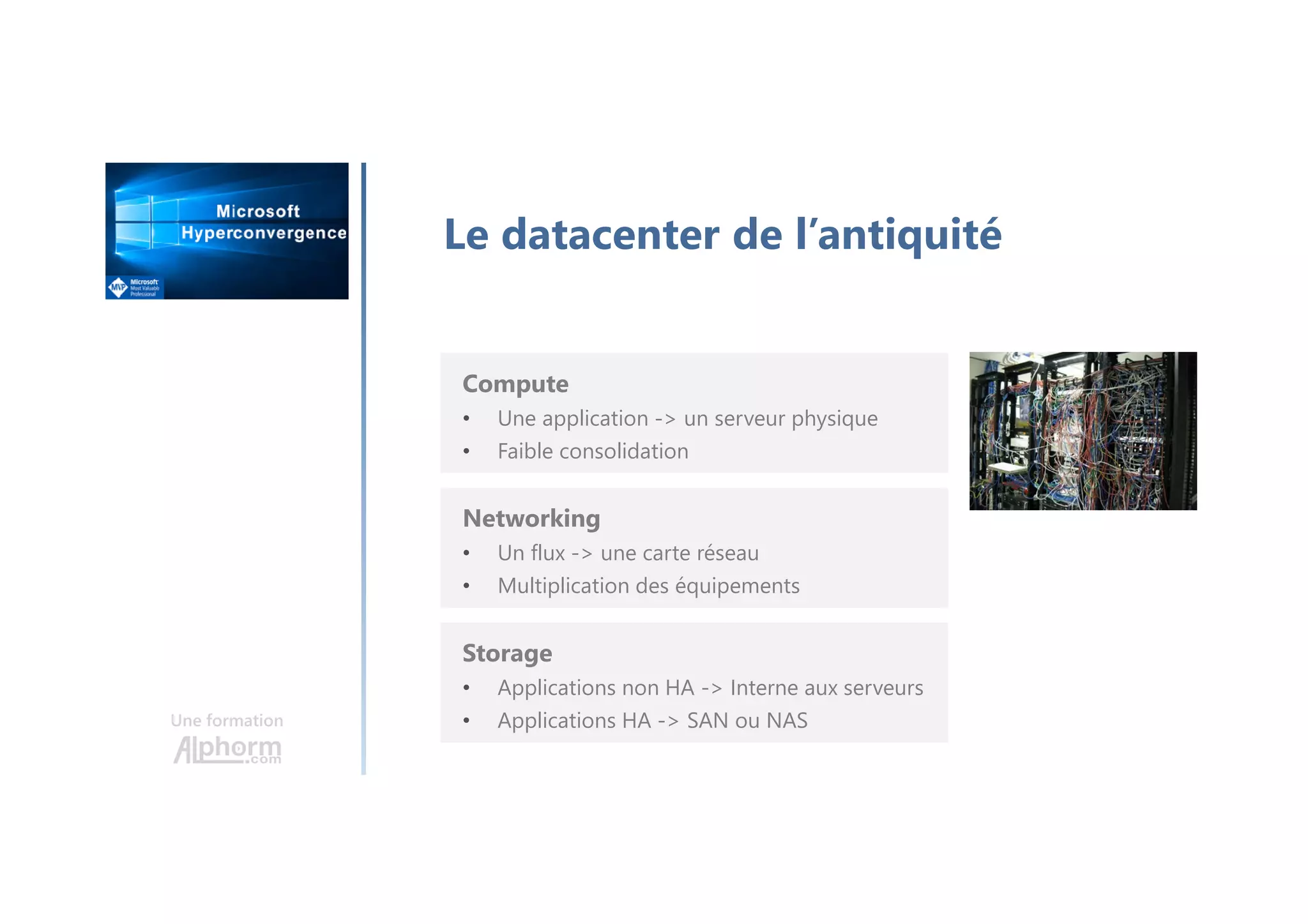 Une formation
Le datacenter de l’antiquité
Compute
• Une application -> un serveur physique
• Faible consolidation
Networking
• Un flux -> une carte réseau
• Multiplication des équipements
Storage
• Applications non HA -> Interne aux serveurs
• Applications HA -> SAN ou NAS
 