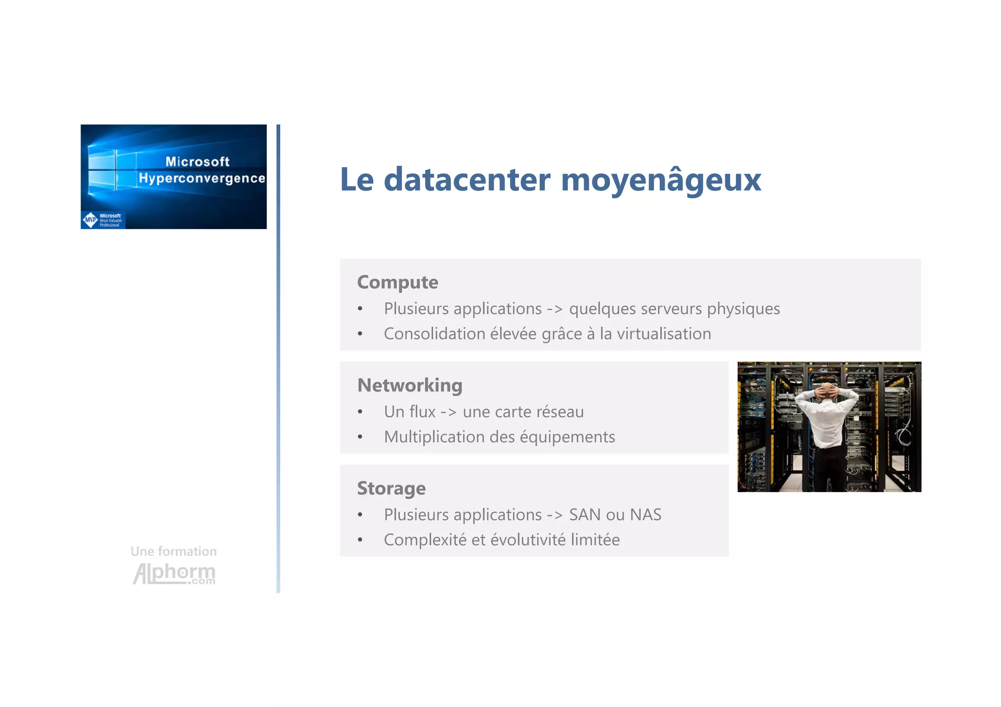 Une formation
Le datacenter moyenâgeux
Compute
• Plusieurs applications -> quelques serveurs physiques
• Consolidation élevée grâce à la virtualisation
Networking
• Un flux -> une carte réseau
• Multiplication des équipements
Storage
• Plusieurs applications -> SAN ou NAS
• Complexité et évolutivité limitée
 