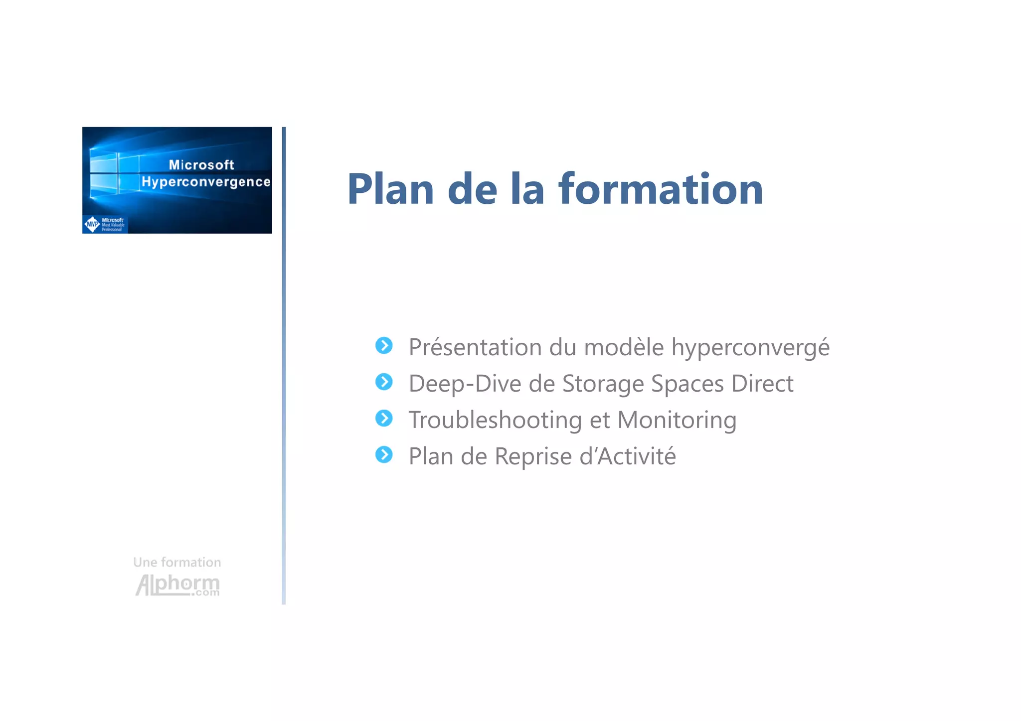 Une formation
Présentation du modèle hyperconvergé
Deep-Dive de Storage Spaces Direct
Troubleshooting et Monitoring
Plan de Reprise d’Activité
Plan de la formation
 