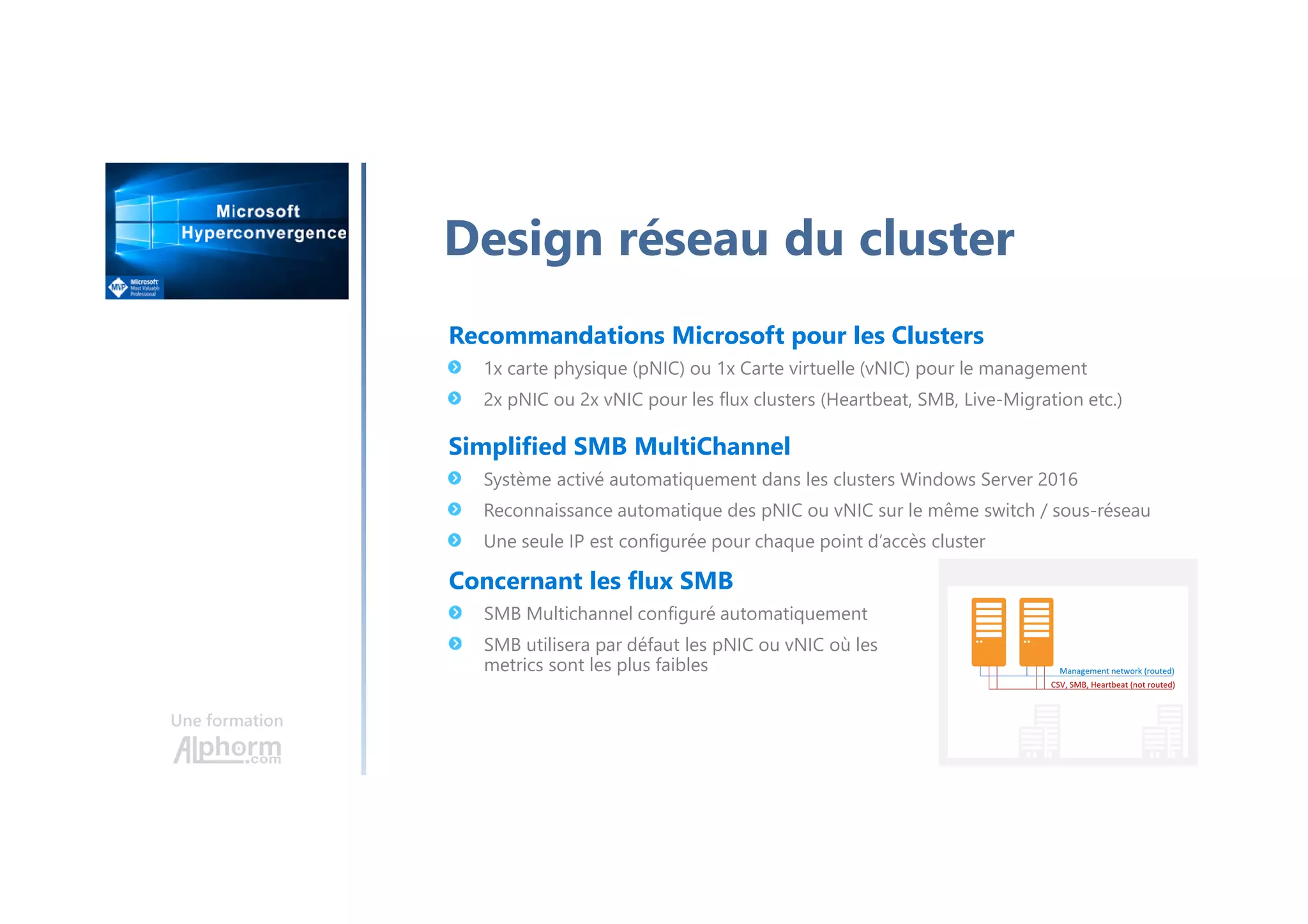 Une formation
Design réseau du cluster
Concernant les flux SMB
SMB Multichannel configuré automatiquement
SMB utilisera par défaut les pNIC ou vNIC où les
metrics sont les plus faibles
Recommandations Microsoft pour les Clusters
1x carte physique (pNIC) ou 1x Carte virtuelle (vNIC) pour le management
2x pNIC ou 2x vNIC pour les flux clusters (Heartbeat, SMB, Live-Migration etc.)
Simplified SMB MultiChannel
Système activé automatiquement dans les clusters Windows Server 2016
Reconnaissance automatique des pNIC ou vNIC sur le même switch / sous-réseau
Une seule IP est configurée pour chaque point d’accès cluster
 