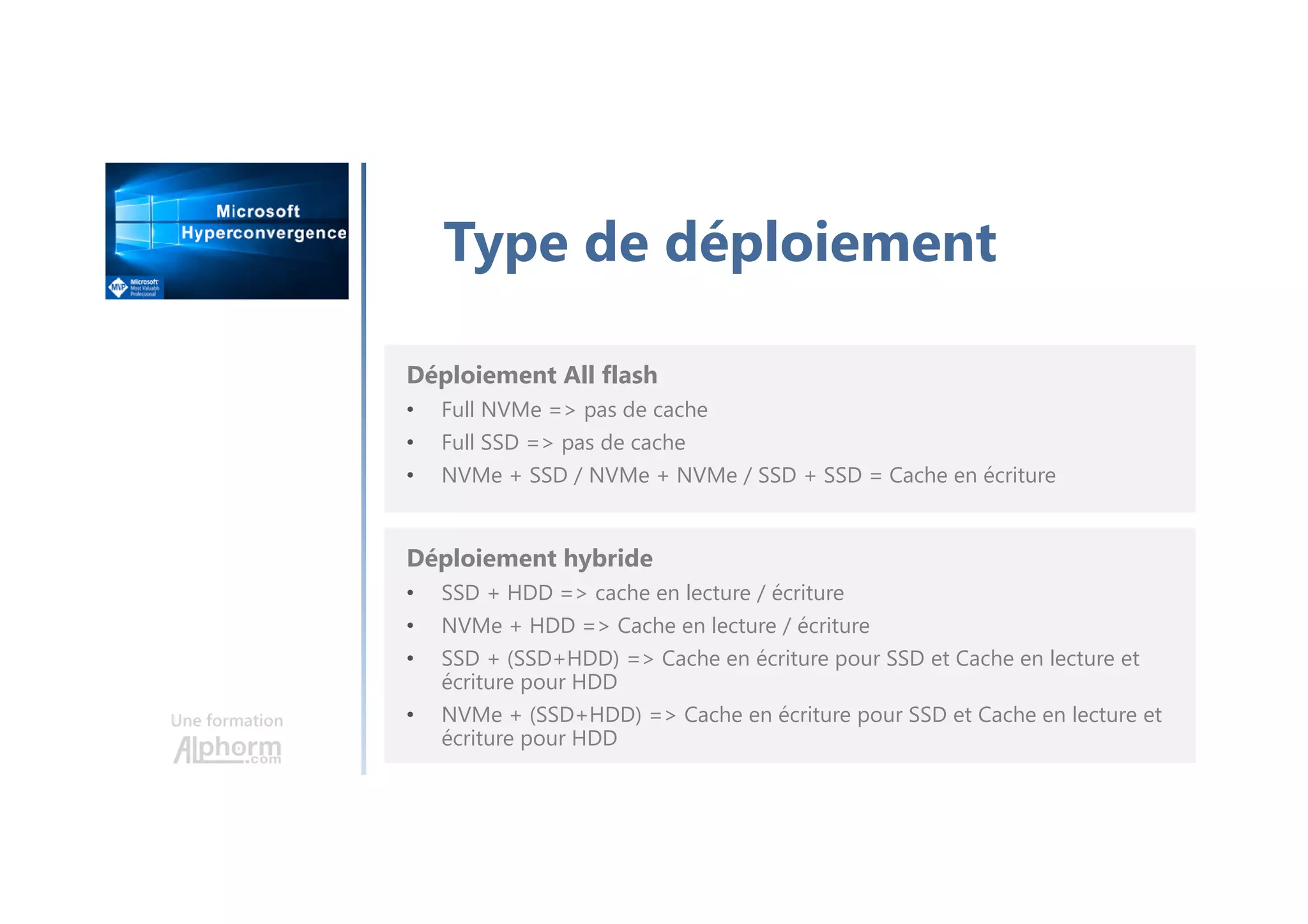 Une formation
Type de déploiement
Déploiement All flash
• Full NVMe => pas de cache
• Full SSD => pas de cache
• NVMe + SSD / NVMe + NVMe / SSD + SSD = Cache en écriture
Déploiement hybride
• SSD + HDD => cache en lecture / écriture
• NVMe + HDD => Cache en lecture / écriture
• SSD + (SSD+HDD) => Cache en écriture pour SSD et Cache en lecture et
écriture pour HDD
• NVMe + (SSD+HDD) => Cache en écriture pour SSD et Cache en lecture et
écriture pour HDD
 