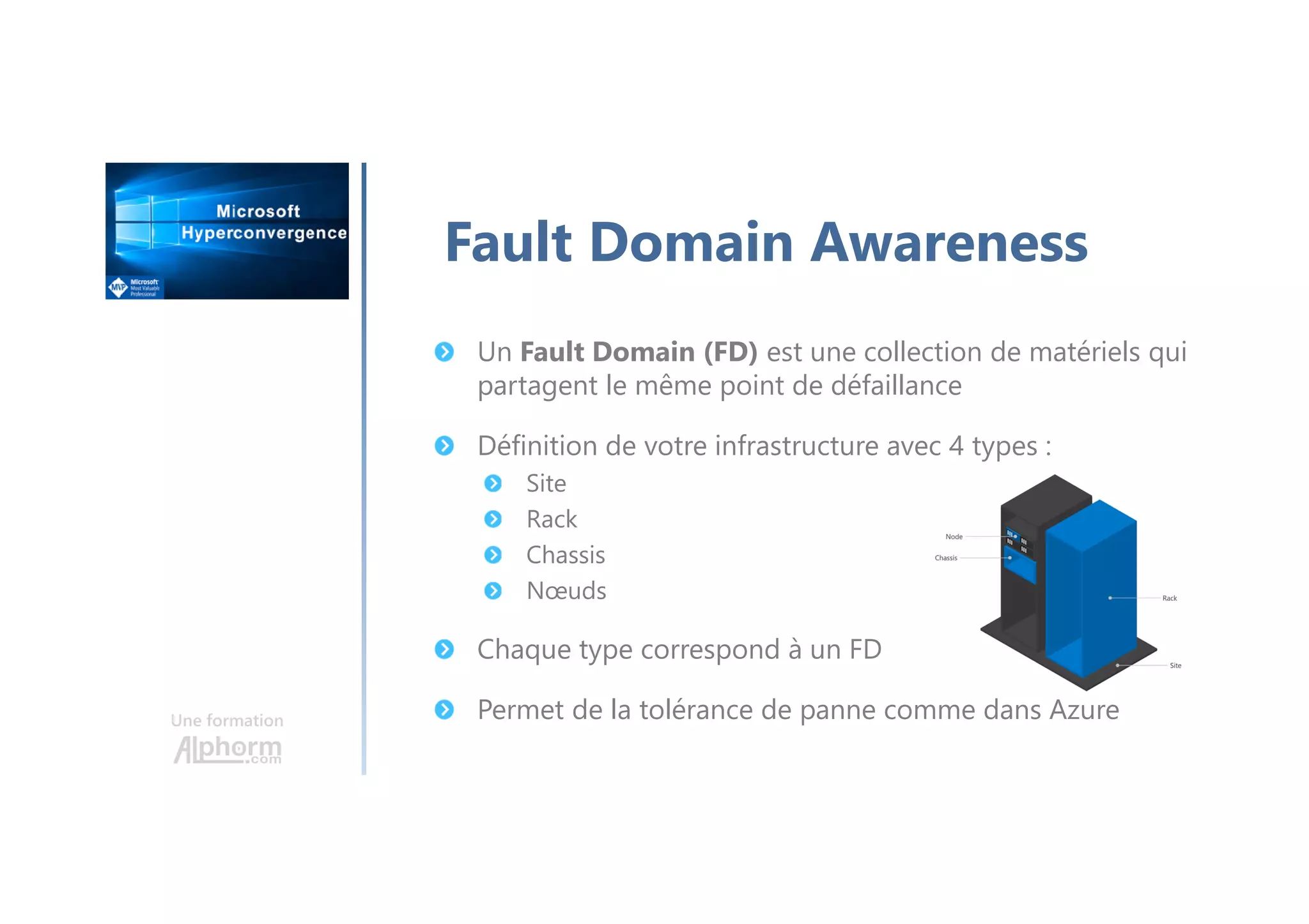 Une formation
Fault Domain Awareness
Un Fault Domain (FD) est une collection de matériels qui
partagent le même point de défaillance
Définition de votre infrastructure avec 4 types :
Site
Rack
Chassis
Nœuds
Chaque type correspond à un FD
Permet de la tolérance de panne comme dans Azure
 