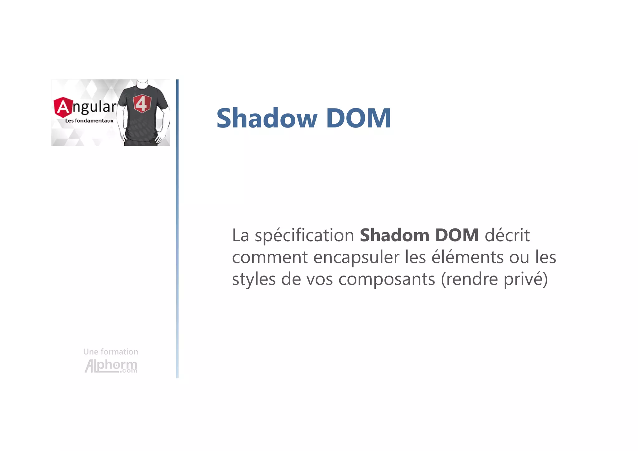 Une formation
Shadow DOM
La spécification Shadom DOM décrit
comment encapsuler les éléments ou les
styles de vos composants (rendre privé)
 