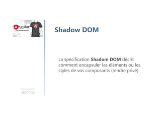Une formation
Shadow DOM
La spécification Shadom DOM décrit
comment encapsuler les éléments ou les
styles de vos composants (rendre privé)
 