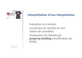 Une formation
Interprétation d’une Interpolation
Evaluation du contenu
conversion du résultat en une
chaîne de caractères
Assignation du résultat par
property binding (modification du
DOM)
 