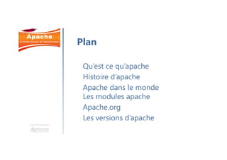 Une formation
Qu’est ce qu’apache
Histoire d’apache
Apache dans le monde
Les modules apache
Apache.org
Les versions d’apache
Plan
 
