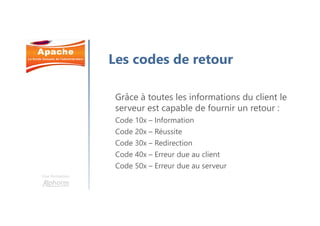 Une formation
Les codes de retour
Grâce à toutes les informations du client le
serveur est capable de fournir un retour :
Code 10x – Information
Code 20x – Réussite
Code 30x – Redirection
Code 40x – Erreur due au client
Code 50x – Erreur due au serveur
 
