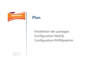 Une formation
Installation des packages
Configuration MySQL
Configuration PHPMyadmin
Plan
 