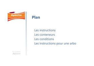 Une formation
Les instructions
Les conteneurs
Les conditions
Les instructions pour une arbo
Plan
 