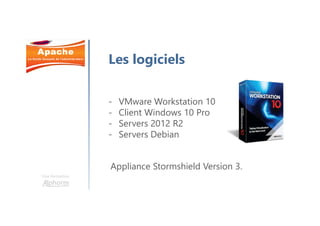 Une formation
Les logiciels
- VMware Workstation 10
- Client Windows 10 Pro
- Servers 2012 R2
- Servers Debian
Appliance Stormshield Version 3.
 