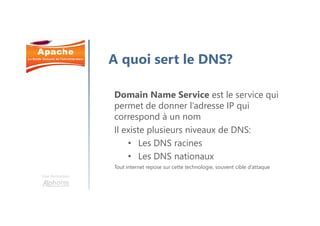 Une formation
A quoi sert le DNS?
Domain Name Service est le service qui
permet de donner l’adresse IP qui
correspond à un nom
Il existe plusieurs niveaux de DNS:
• Les DNS racines
• Les DNS nationaux
Tout internet repose sur cette technologie, souvent cible d’attaque
 