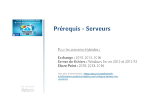 Une formation
Prérequis - Serveurs
Pour les scenarios Hybrides :
Exchange : 2010, 2013, 2016
Server de fichiers : Windows Server 2012 et 2012 R2
Share Point : 2010, 2013, 2016
Pour plus d’informations : https://docs.microsoft.com/fr-
fr/information-protection/deploy-use/configure-servers-rms-
connector
 